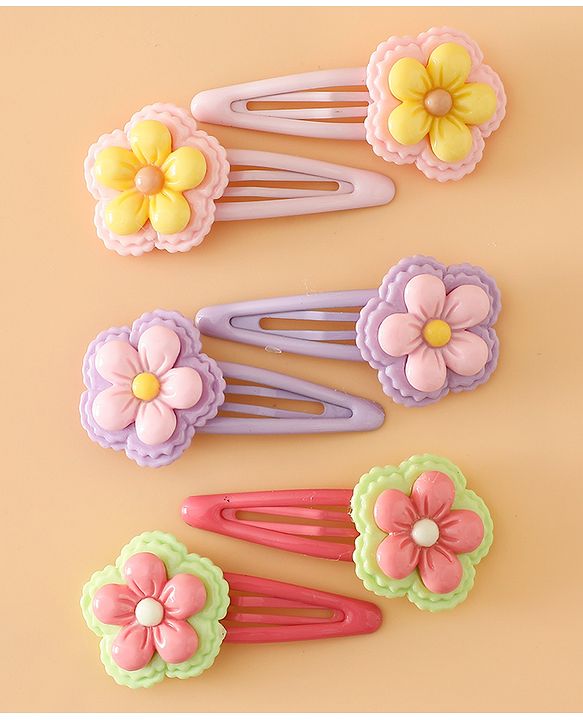 Babyhug Snap Clips With Floral Applique Free Size - Purple Red Yellow
