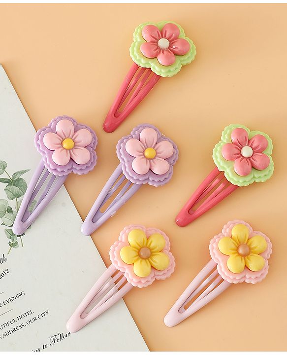 Babyhug Snap Clips With Floral Applique Free Size - Purple Red Yellow