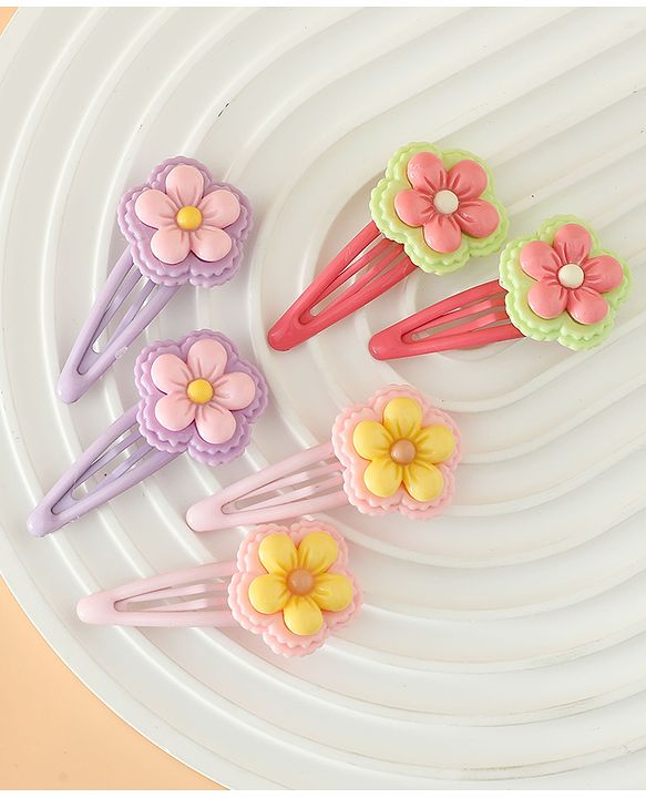 Babyhug Snap Clips With Floral Applique Free Size - Purple Red Yellow