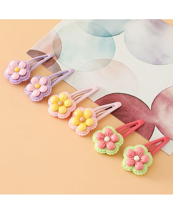 Babyhug Snap Clips With Floral Applique Free Size - Purple Red Yellow