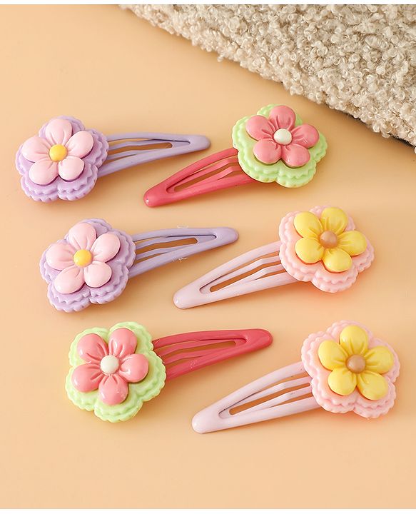 Babyhug Snap Clips With Floral Applique Free Size - Purple Red Yellow