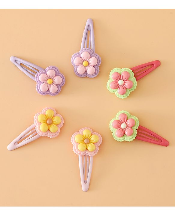Babyhug Snap Clips With Floral Applique Free Size - Purple Red Yellow