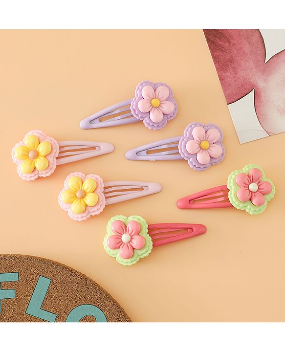 Babyhug Snap Clips With Floral Applique Free Size - Purple Red Yellow