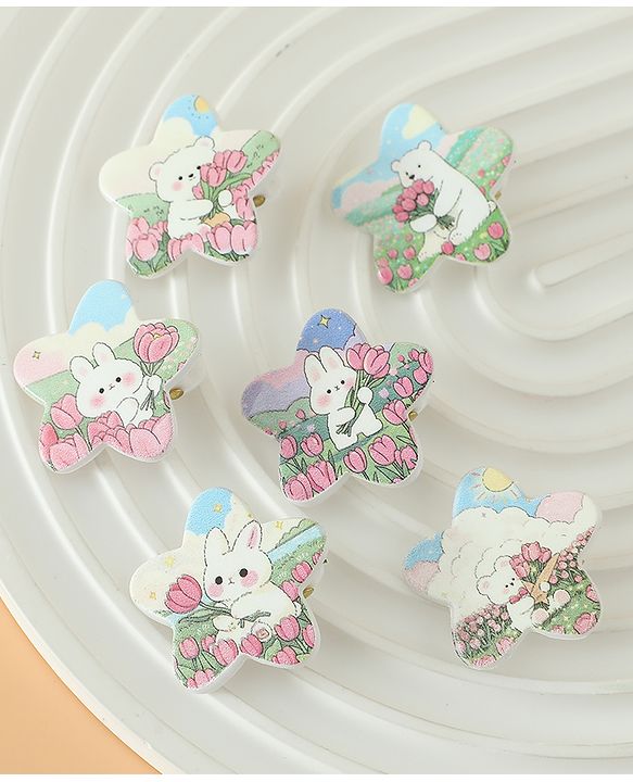 Babyhug Hair Pins And Clips Free Size with Star Applique & Floral Print Pack Of 6- White