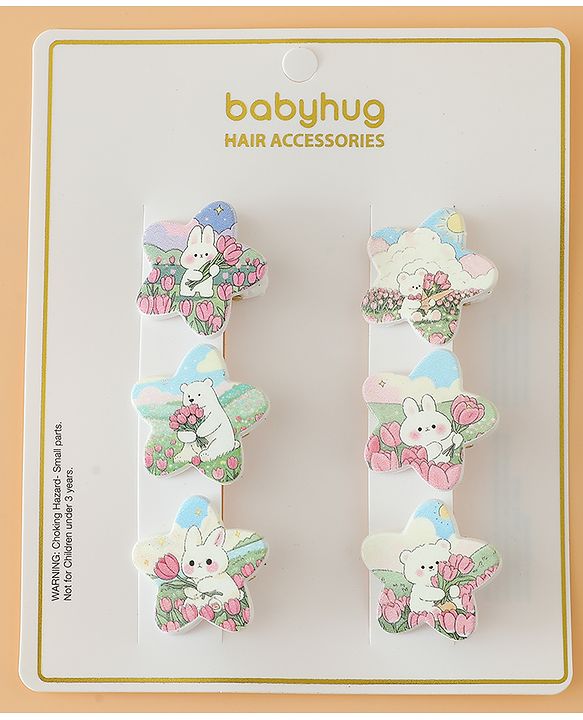 Babyhug Hair Pins And Clips Free Size with Star Applique & Floral Print Pack Of 6- White