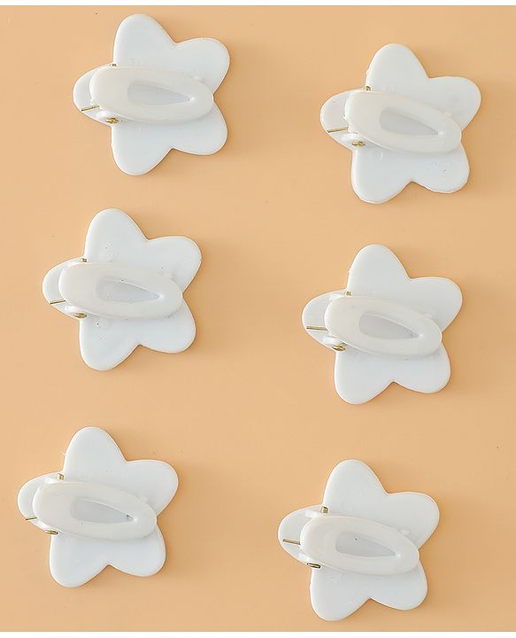 Babyhug Hair Pins And Clips Free Size with Star Applique & Floral Print Pack Of 6- White