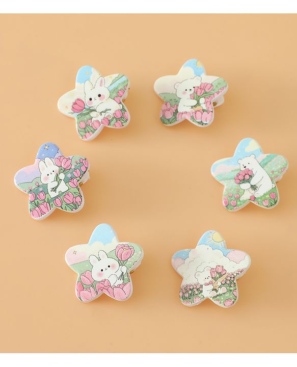 Babyhug Hair Pins And Clips Free Size with Star Applique & Floral Print Pack Of 6- White