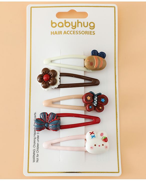 Babyhug Snap Clips Free Size with Flower , Bee & Bow Applique Pack Of 5- Brown , White & Pink