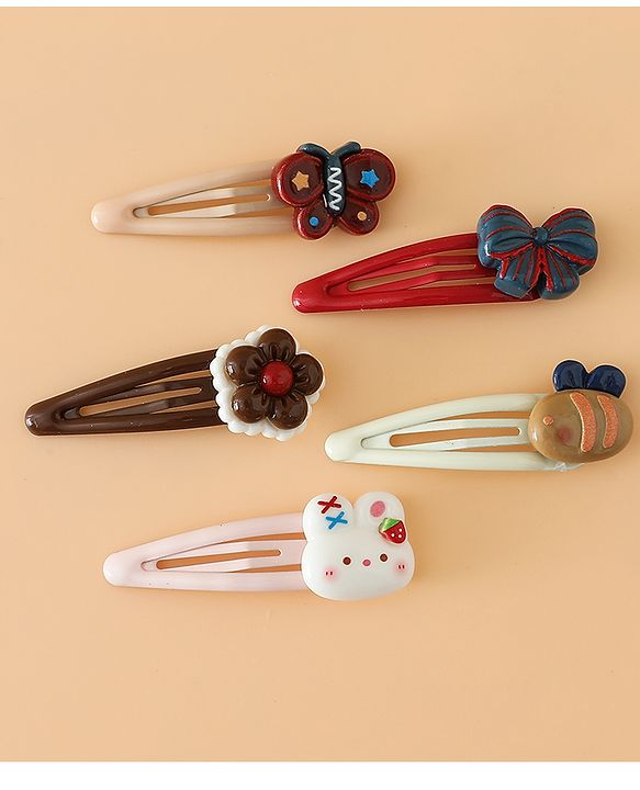 Babyhug Snap Clips Free Size with Flower , Bee & Bow Applique Pack Of 5- Brown , White & Pink
