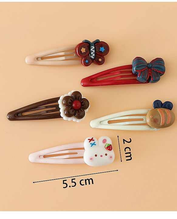 Babyhug Snap Clips Free Size with Flower , Bee & Bow Applique Pack Of 5- Brown , White & Pink