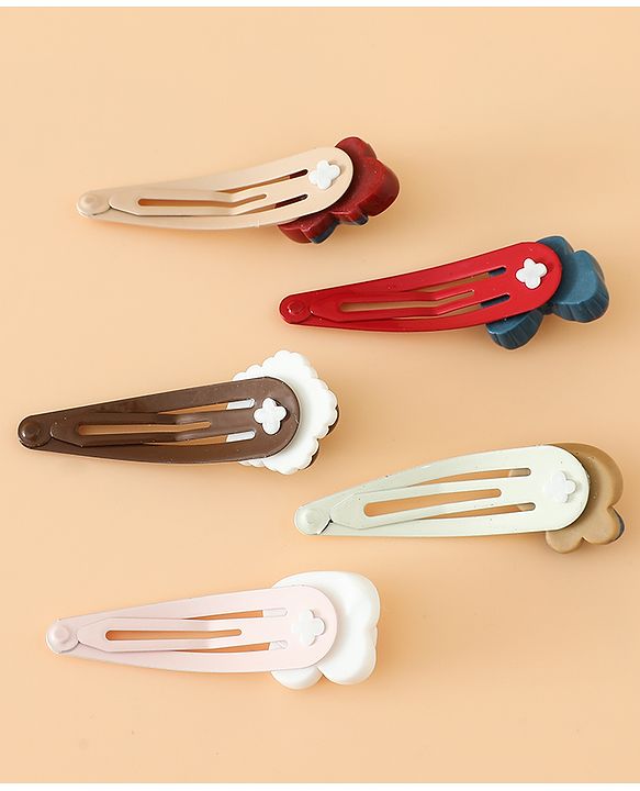 Babyhug Snap Clips Free Size with Flower , Bee & Bow Applique Pack Of 5- Brown , White & Pink