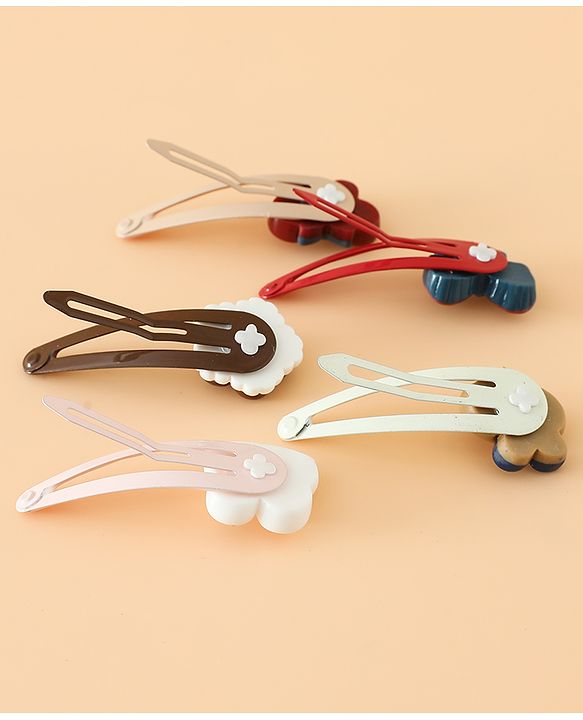 Babyhug Snap Clips Free Size with Flower , Bee & Bow Applique Pack Of 5- Brown , White & Pink