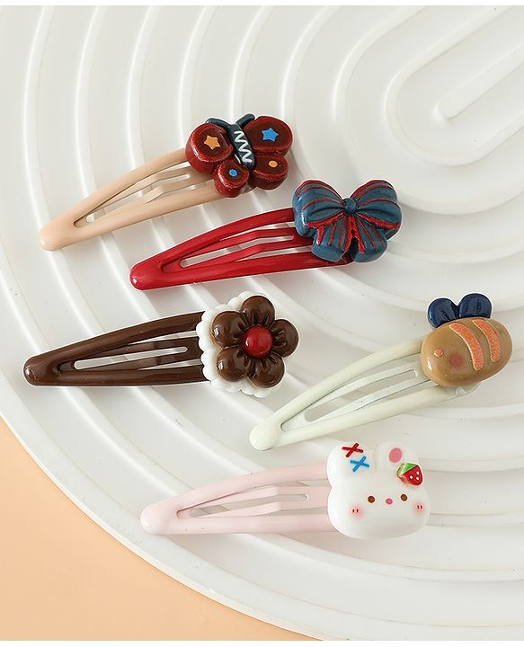 Babyhug Snap Clips Free Size with Flower , Bee & Bow Applique Pack Of 5- Brown , White & Pink