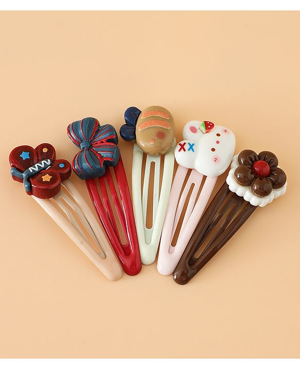 Babyhug Snap Clips Free Size with Flower , Bee & Bow Applique Pack Of 5- Brown , White & Pink