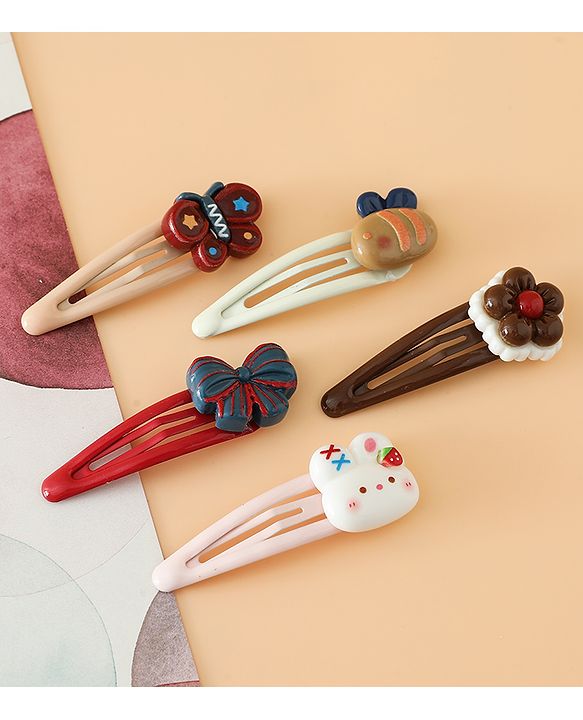 Babyhug Snap Clips Free Size with Flower , Bee & Bow Applique Pack Of 5- Brown , White & Pink