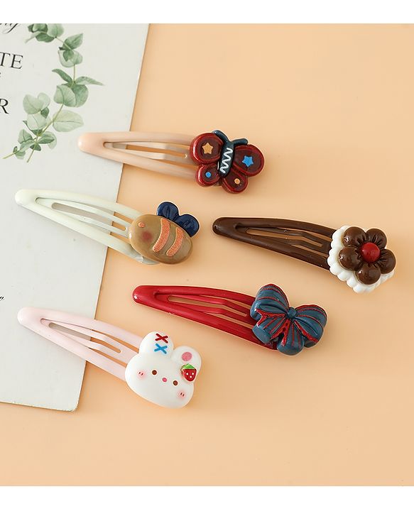 Babyhug Snap Clips Free Size with Flower , Bee & Bow Applique Pack Of 5- Brown , White & Pink