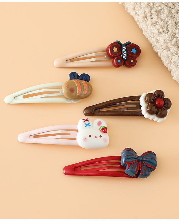 Babyhug Snap Clips Free Size with Flower , Bee & Bow Applique Pack Of 5- Brown , White & Pink