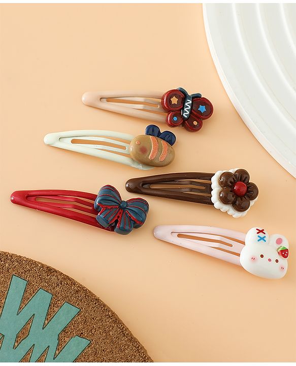 Babyhug Snap Clips Free Size with Flower , Bee & Bow Applique Pack Of 5- Brown , White & Pink