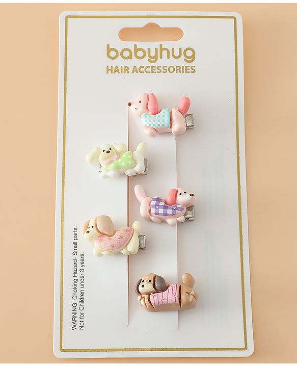 Babyhug Hair Pins And Clips Free Size with Dog Applique Pack Of 5 - White