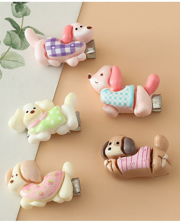 Babyhug Hair Pins And Clips Free Size with Dog Applique Pack Of 5 - White