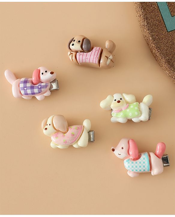 Babyhug Hair Pins And Clips Free Size with Dog Applique Pack Of 5 - White