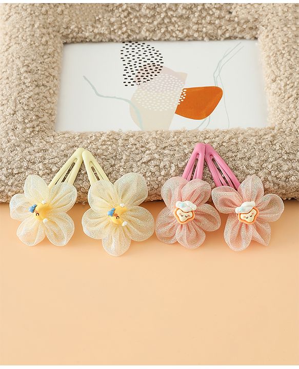 Babyhug Snap Clips Free Size With Floral Applique Pack Of 2 - Pink & Yellow