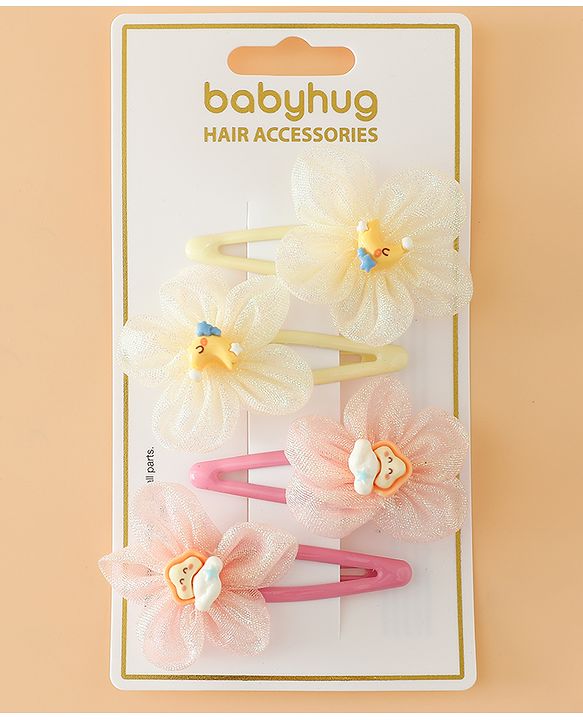 Babyhug Snap Clips Free Size With Floral Applique Pack Of 2 - Pink & Yellow