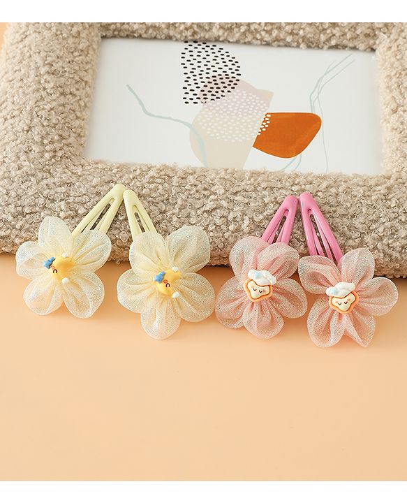 Babyhug Snap Clips Free Size With Floral Applique Pack Of 2 - Pink & Yellow