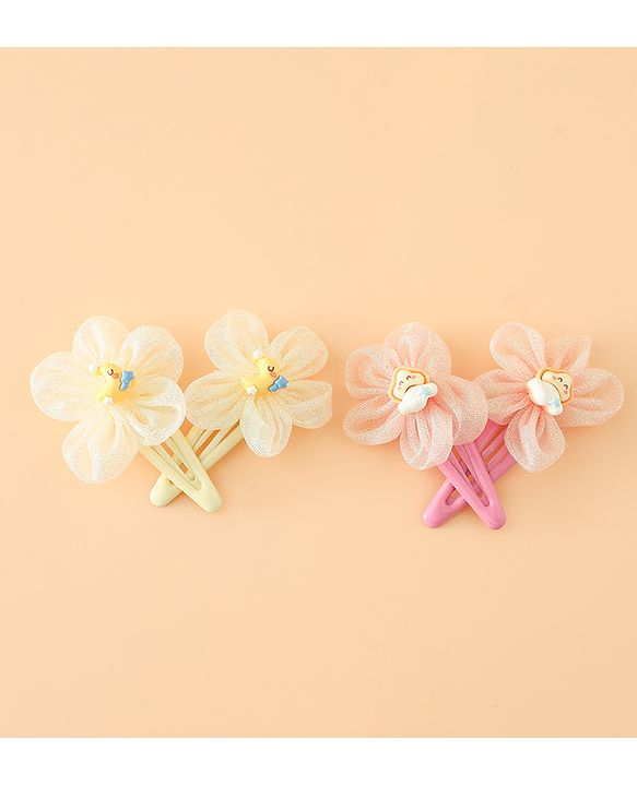 Babyhug Snap Clips Free Size With Floral Applique Pack Of 2 - Pink & Yellow