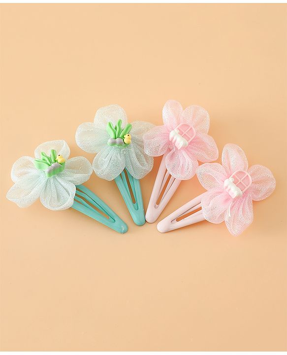 Babyhug Snap Clips Free Size With Floral Applique Pack Of 2 - Pink & Green