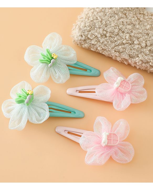 Babyhug Snap Clips Free Size With Floral Applique Pack Of 2 - Pink & Green