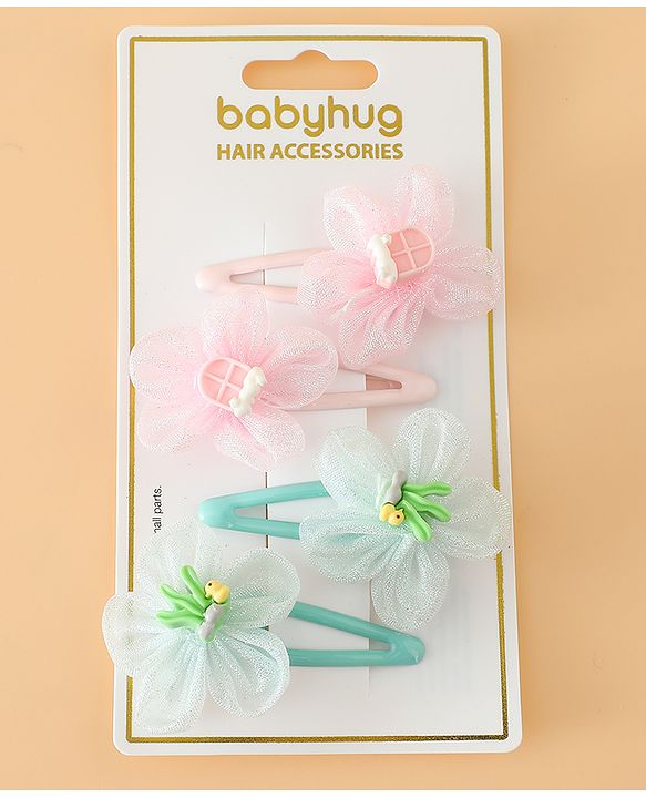 Babyhug Snap Clips Free Size With Floral Applique Pack Of 2 - Pink & Green
