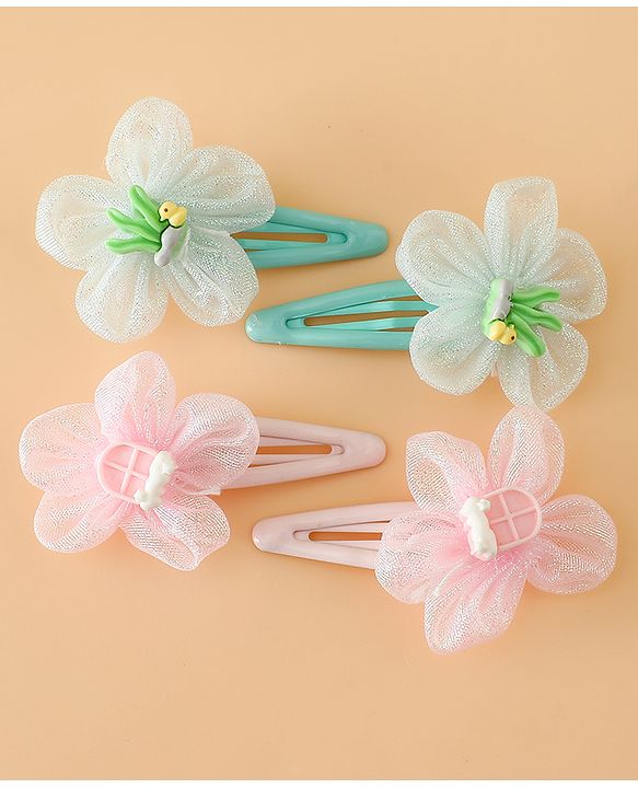 Babyhug Snap Clips Free Size With Floral Applique Pack Of 2 - Pink & Green