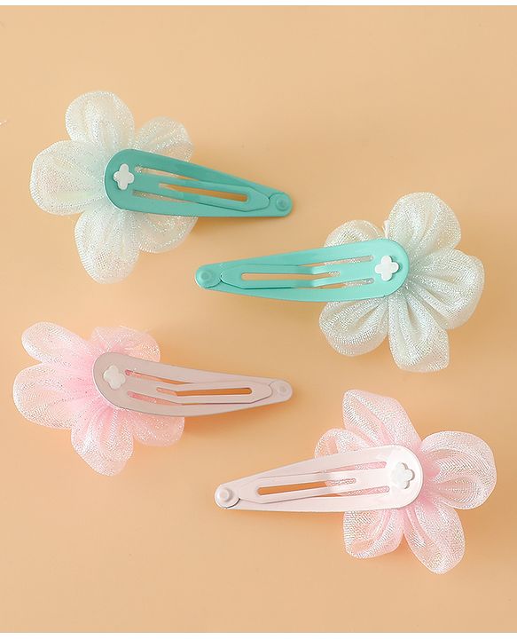 Babyhug Snap Clips Free Size With Floral Applique Pack Of 2 - Pink & Green