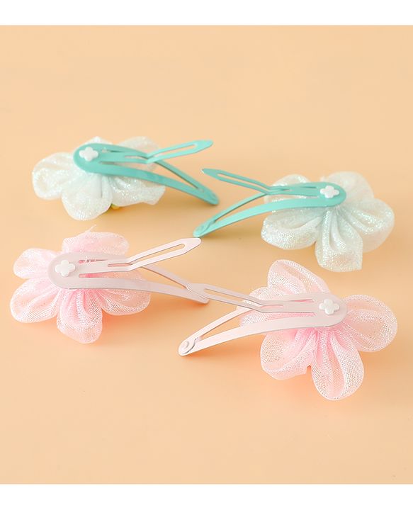 Babyhug Snap Clips Free Size With Floral Applique Pack Of 2 - Pink & Green