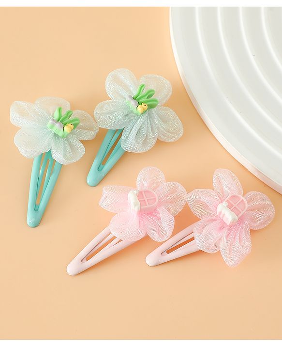 Babyhug Snap Clips Free Size With Floral Applique Pack Of 2 - Pink & Green