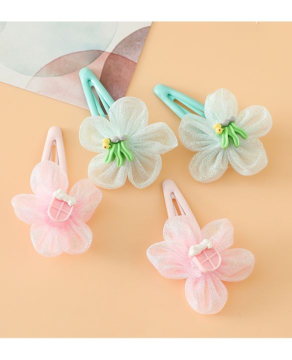 Babyhug Snap Clips Free Size With Floral Applique Pack Of 2 - Pink & Green