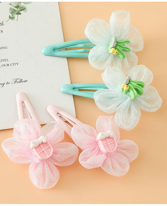 Babyhug Snap Clips Free Size With Floral Applique Pack Of 2 - Pink & Green