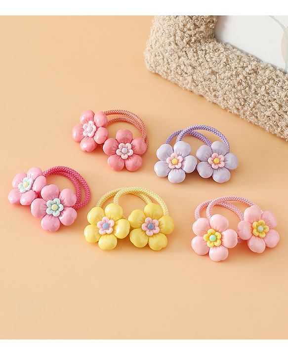 Babyhug Free Size Hair Rubber Bands With Floral Applique Pack of 5 - Multicolor