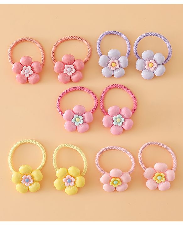 Babyhug Free Size Hair Rubber Bands With Floral Applique Pack of 5 - Multicolor