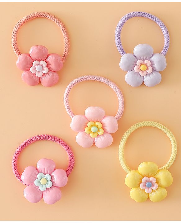 Babyhug Free Size Hair Rubber Bands With Floral Applique Pack of 5 - Multicolor