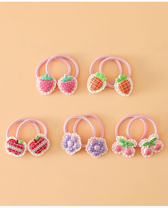 Babyhug Hair Rubber Bands With Strawberry Applique Pack of 5 Free Size - Pink
