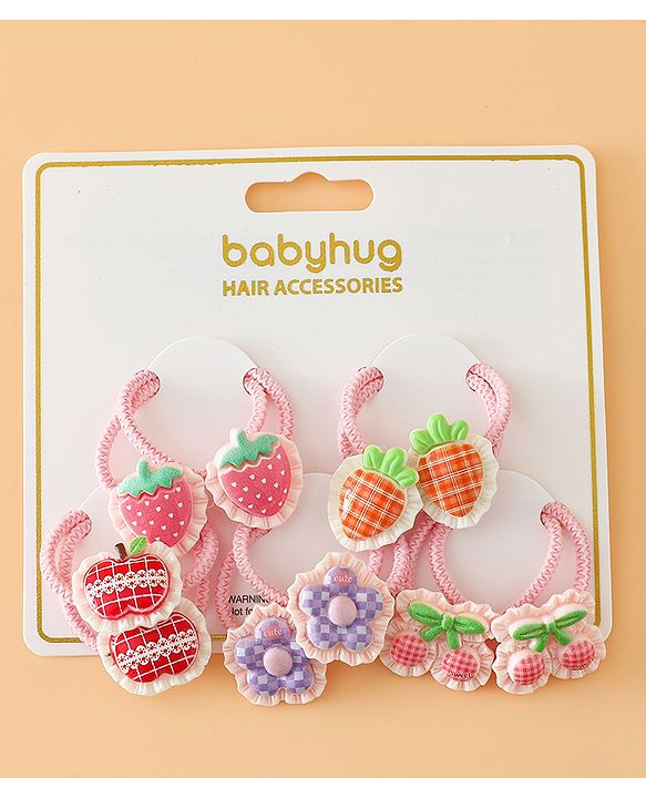 Babyhug Hair Rubber Bands With Strawberry Applique Pack of 5 Free Size - Pink