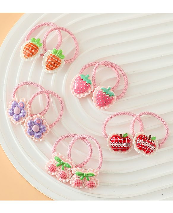 Babyhug Hair Rubber Bands With Strawberry Applique Pack of 5 Free Size - Pink
