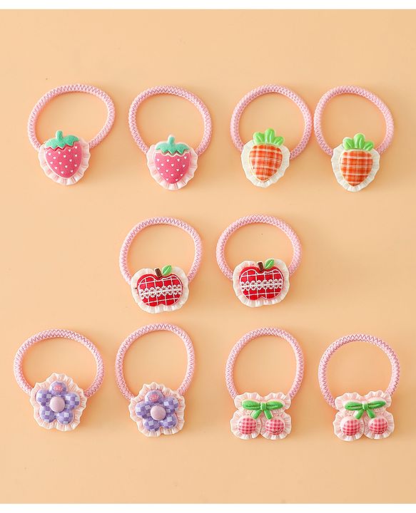 Babyhug Hair Rubber Bands With Strawberry Applique Pack of 5 Free Size - Pink