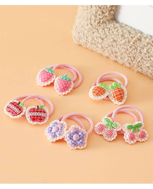Babyhug Hair Rubber Bands With Strawberry Applique Pack of 5 Free Size - Pink