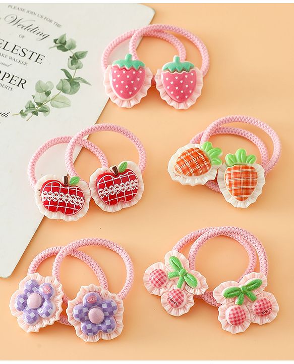 Babyhug Hair Rubber Bands With Strawberry Applique Pack of 5 Free Size - Pink