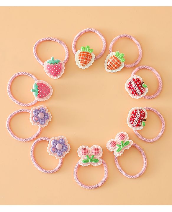 Babyhug Hair Rubber Bands With Strawberry Applique Pack of 5 Free Size - Pink