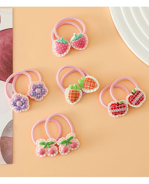 Babyhug Hair Rubber Bands With Strawberry Applique Pack of 5 Free Size - Pink