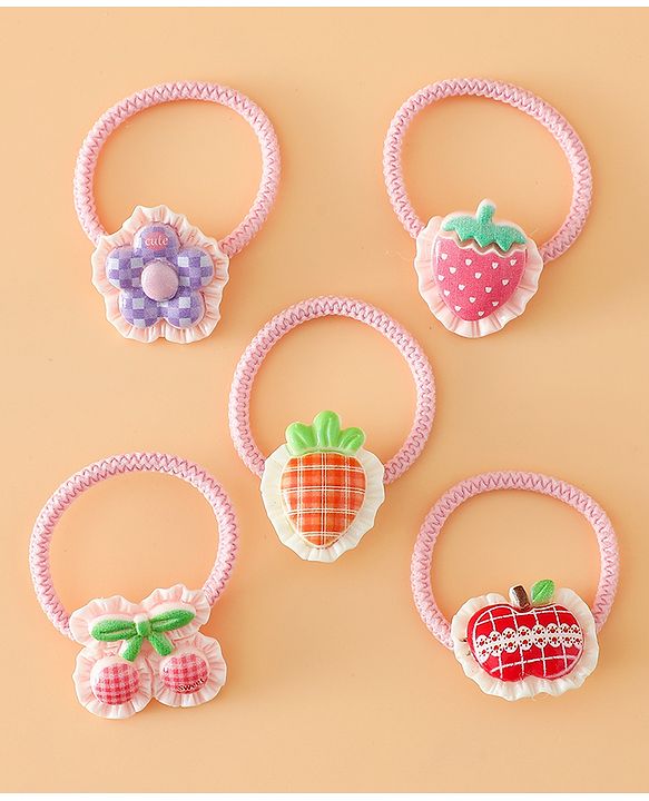 Babyhug Hair Rubber Bands With Strawberry Applique Pack of 5 Free Size - Pink